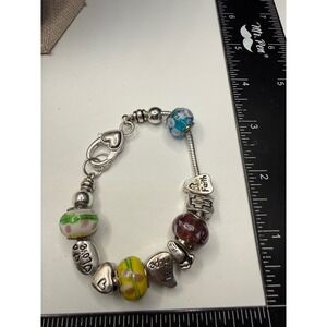Silver Tone Inspirational Charm Bracelet Faith Hope Love Murano Glass Beads